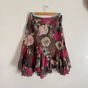 A.N.A. Boho Floral Asymmetrical Skirt Brown Pink 6 Petite